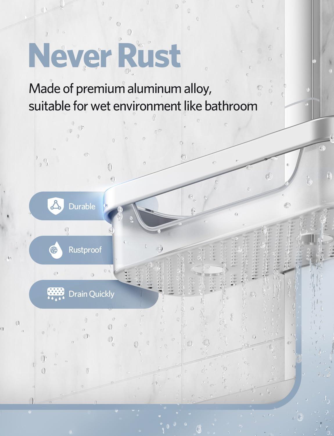 Rebrilliant Adjustable-Shower-Caddy-Hanging, Rust Proof Shower Hanging Organizer, 3-Tier Aluminum Alloy + ABS, Large Capacity Shower Caddy Over-The-Showerhead With Hooks, Razor Holder, Soap Dish