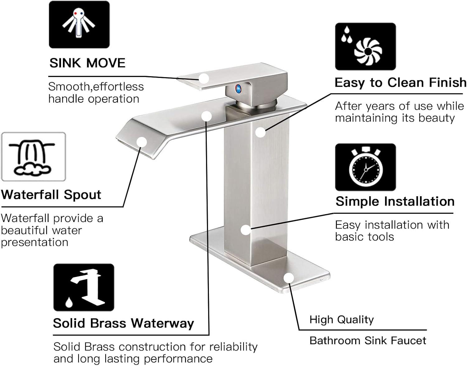 Brushed Nickel Single Handle Waterfall Bathroom Faucet with Pop Up Drain