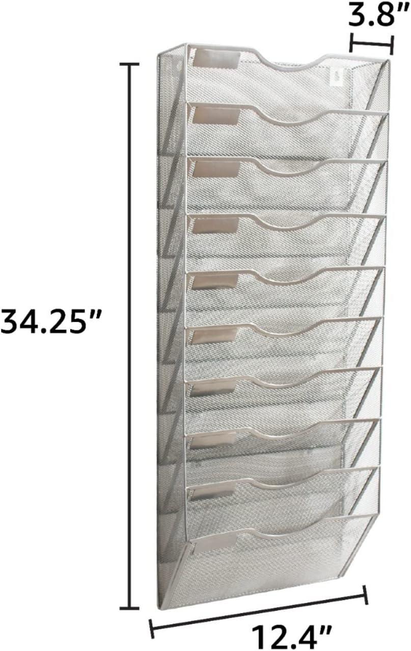 10 Sections Hanging Files Wall Mounted Metal Mesh Document File Organizer Magazine Holder Rack Organizer Multipurpose Use To Display Files, Magazine, Newspapers- Gray