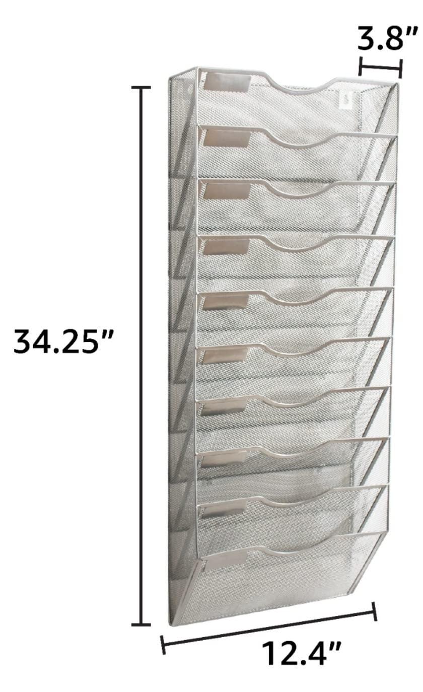 10 Sections Hanging Files Wall Mounted Metal Mesh Document File Organizer Magazine Holder Rack Organizer Multipurpose Use To Display Files, Magazine, Newspapers- Gray