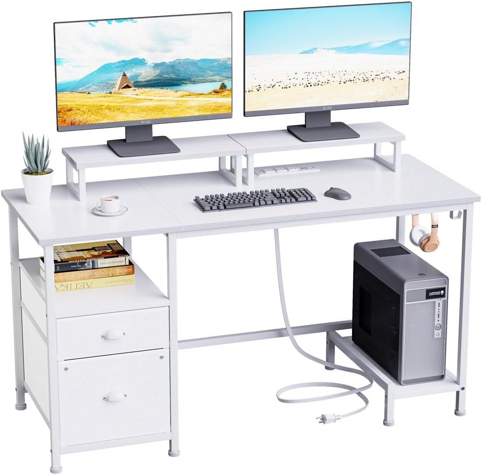 Furologee White 47" Computer Desk with Drawer & Power Outlets, Office Desk with 2 Monitor Stands & Fabric File Cabinet, Writing Gaming Table with Shelves & 2 Hooks for Home Office