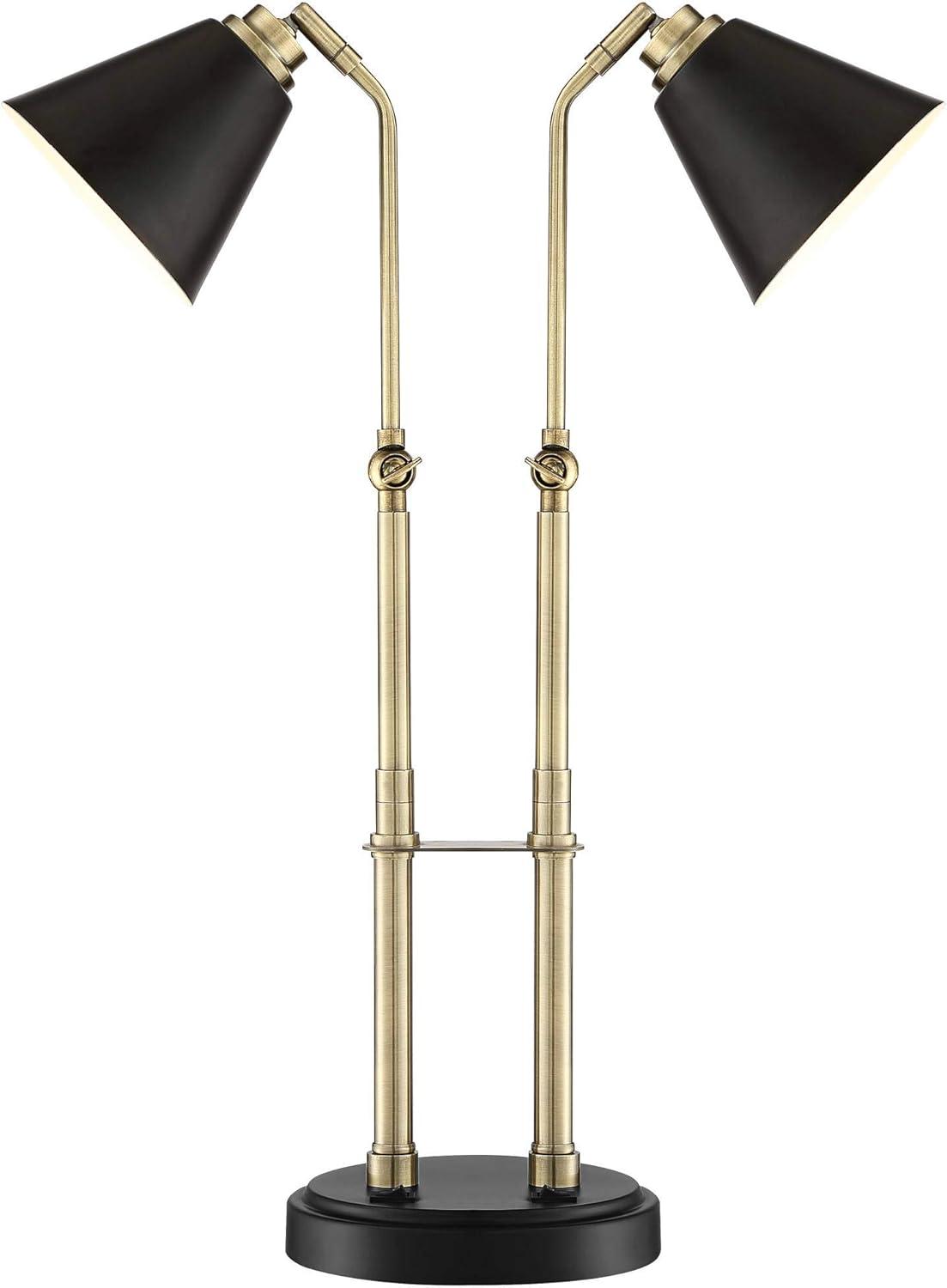 Possini Euro Design Sentry Modern Mid Century Desk Lamp 23" High Black Brass with USB Charging Port LED Adjustable Cone Shade for Bedroom Living Room