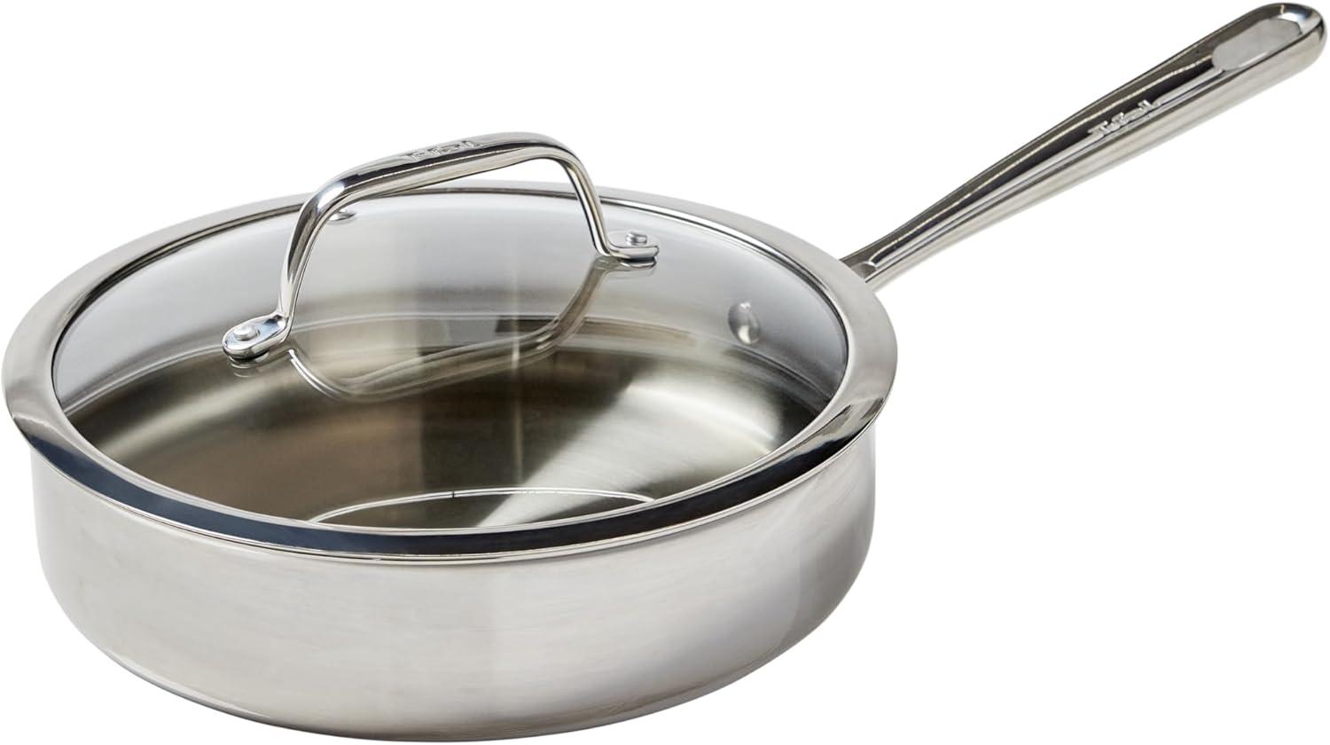 T-fal Pro Tri-Ply Stainless Steel Cookware, 3 Quart Saute Pan with Lid, Silver