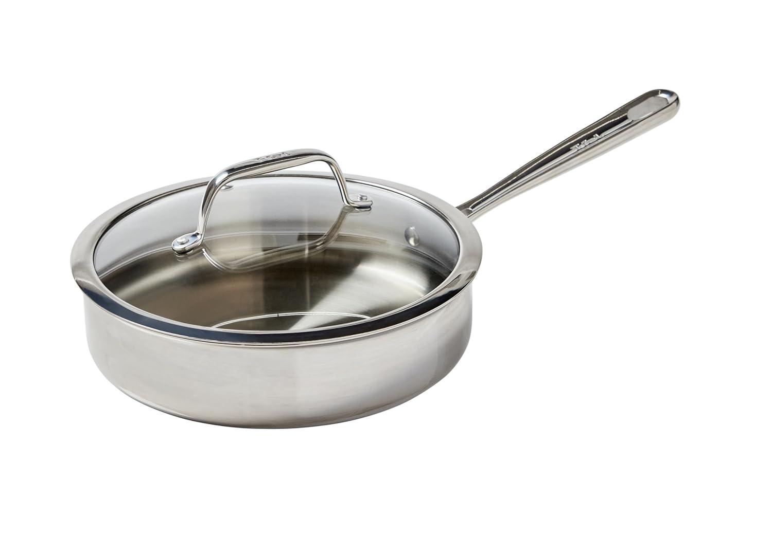 T-fal Pro Tri-Ply Stainless Steel Cookware, 3 Quart Saute Pan with Lid, Silver