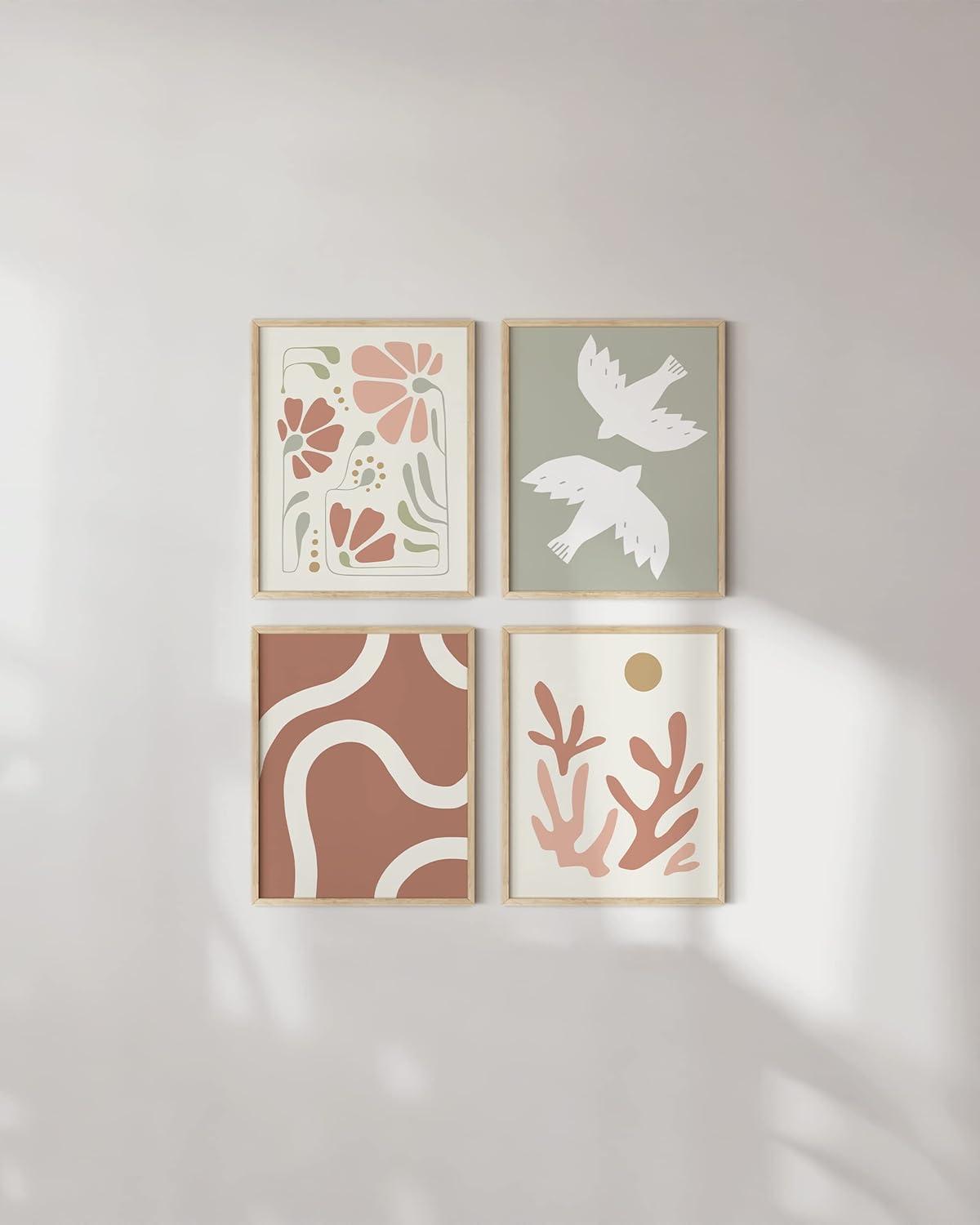 HAUS AND HUES Boho Posters - Set of 4 Nature Wall Prints, Neutral Art, Minimal Art Print, Modern Gallery Wall, Botanical Print, Coral and Green, Boho Posters For Room Aesthetic, (8x10, Unframed)