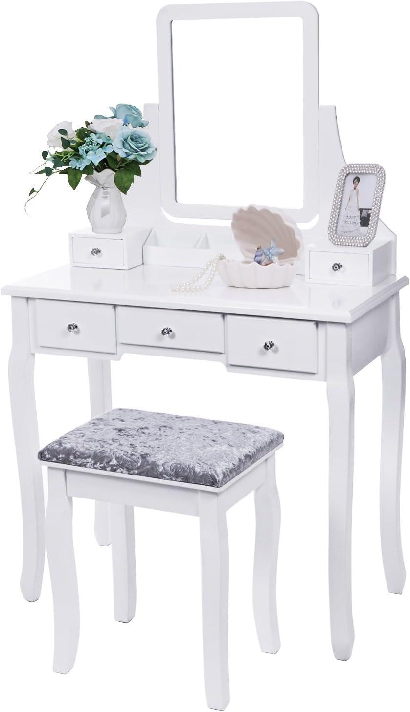 BEWISHOME Vanity Set with Mirror & Cushioned Stool Dressing Table Vanity Makeup Table 5 Drawers 2 Dividers Movable Organizers White FST01W