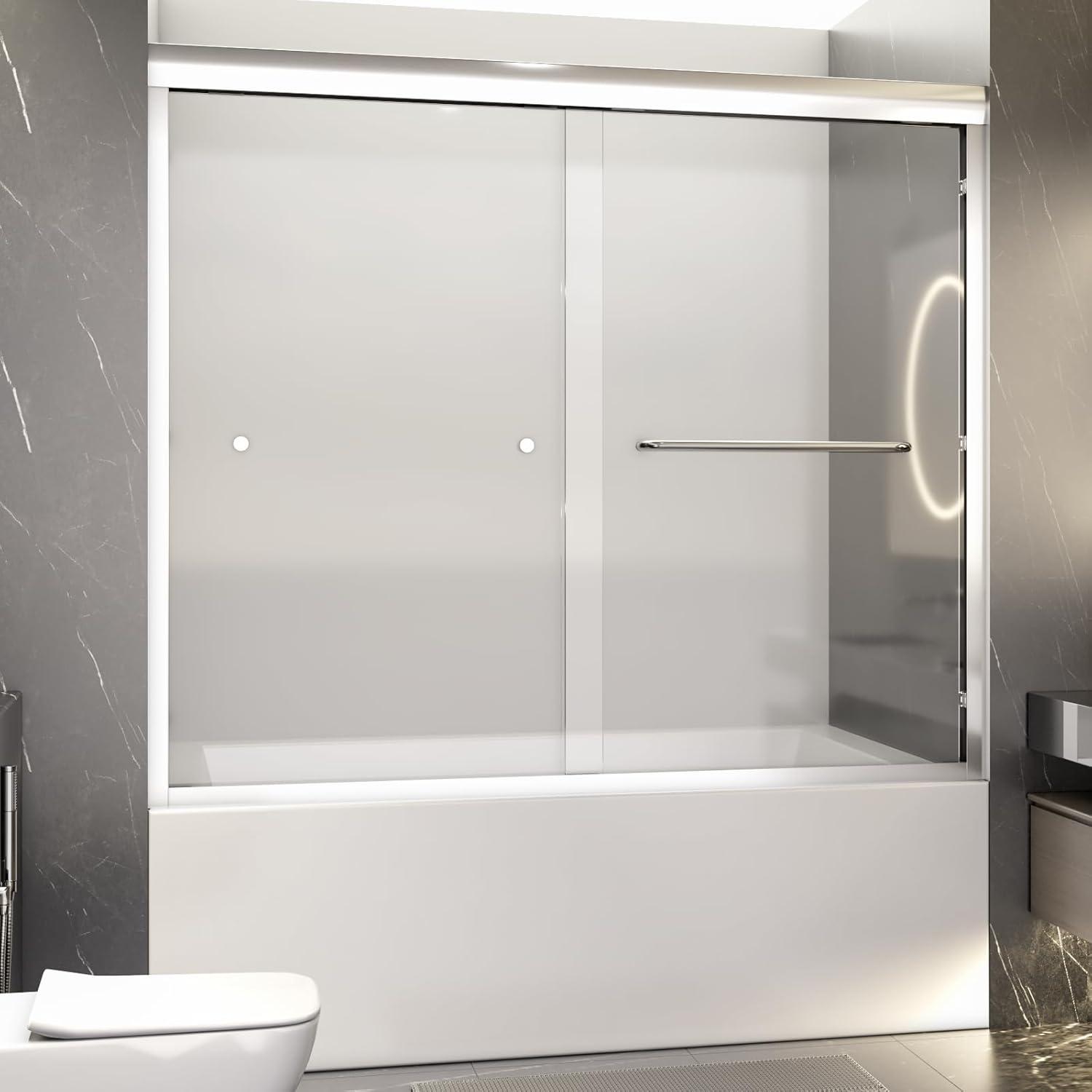 56"-60"W*58" H Semi-Frameless Double Sliding Tub Door, Bypass Bathtub Shower, 1/4" (6mm) Thick SGCC Tempered Glass Door, Chrome