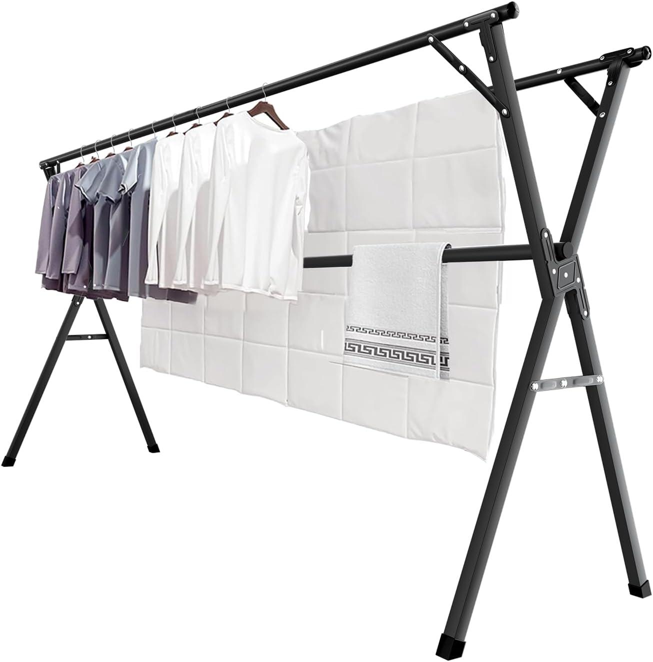 Black Stainless Steel Foldable Clothes Drying Rack with 20 Hooks