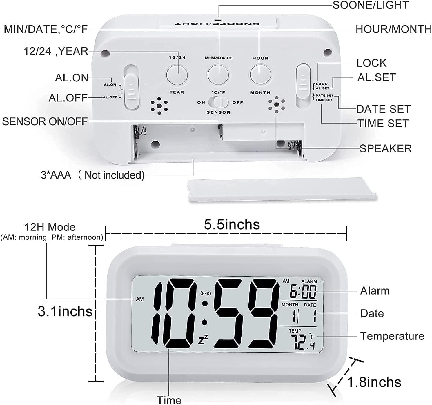 Indoor Temperature Alarm Clock for Bedrooms, Smart Night Light, Battery Operated Small Easy Desk Bedside Gifts Clock-White
