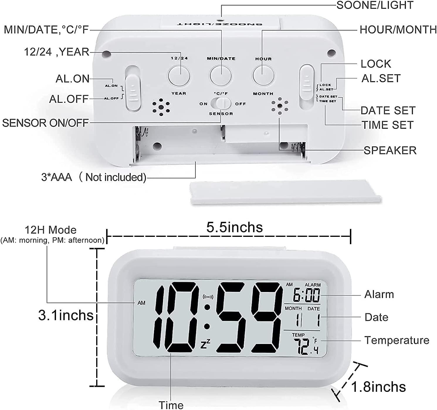Indoor Temperature Alarm Clock for Bedrooms, Smart Night Light, Battery Operated Small Easy Desk Bedside Gifts Clock-White