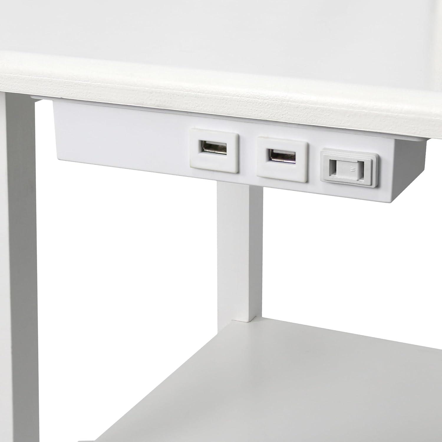 57 in. Modern 2 Tier End Table & White Drum Fabric Shade Floor Lamp with 2 x USB Charging Ports & Power Outlet, White