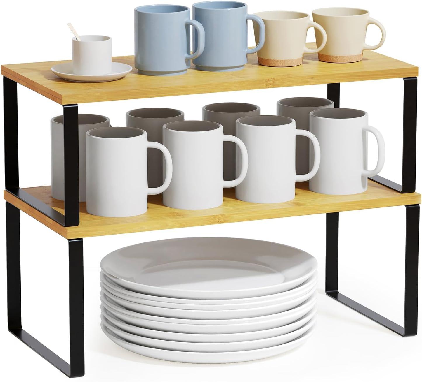 SpaceAid 2-Pack Cabinet Shelf Organizers – Stackable & Expandable Kitchen Counter Racks For Spice, Pantry, And Cupboard Storage, Black