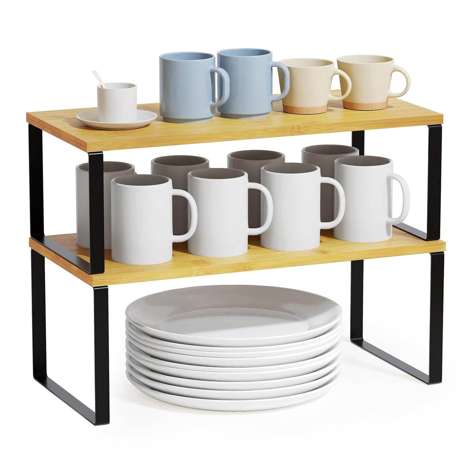 SpaceAid 2-Pack Cabinet Shelf Organizers – Stackable & Expandable Kitchen Counter Racks For Spice, Pantry, And Cupboard Storage, Black