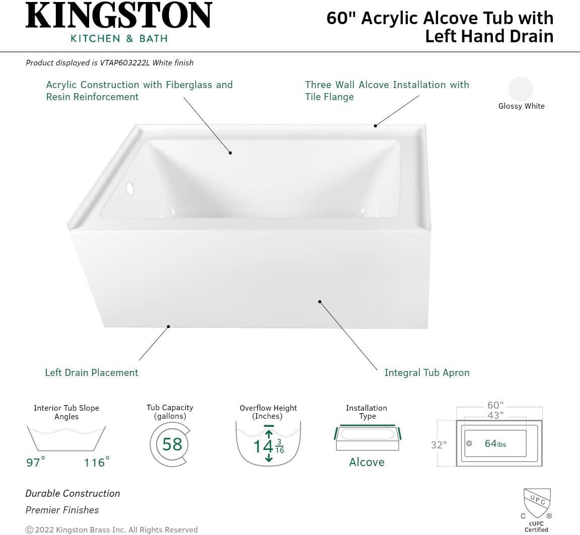 Aqua Eden 60" Acrylic Alcove Bathtub with Left Hand Drain Hole, White