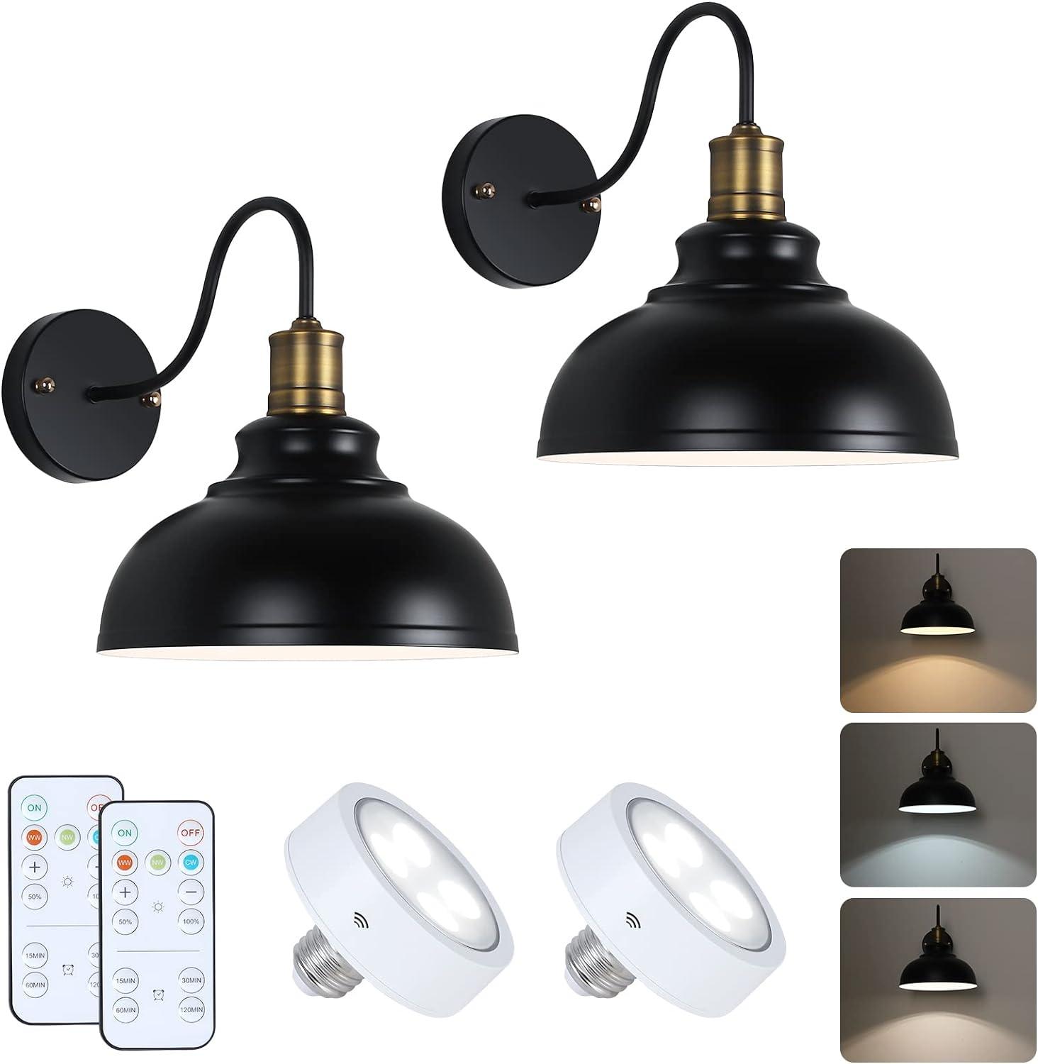 Vintage Black Wireless Battery Operated Wall Sconces Set of 2, Cordless LED Wall Lights Set with Remote Control, for Bedroom, Farmhouse, Gallery - Easy Setup, 3 Color Dimmable, Adjustable Brightness
