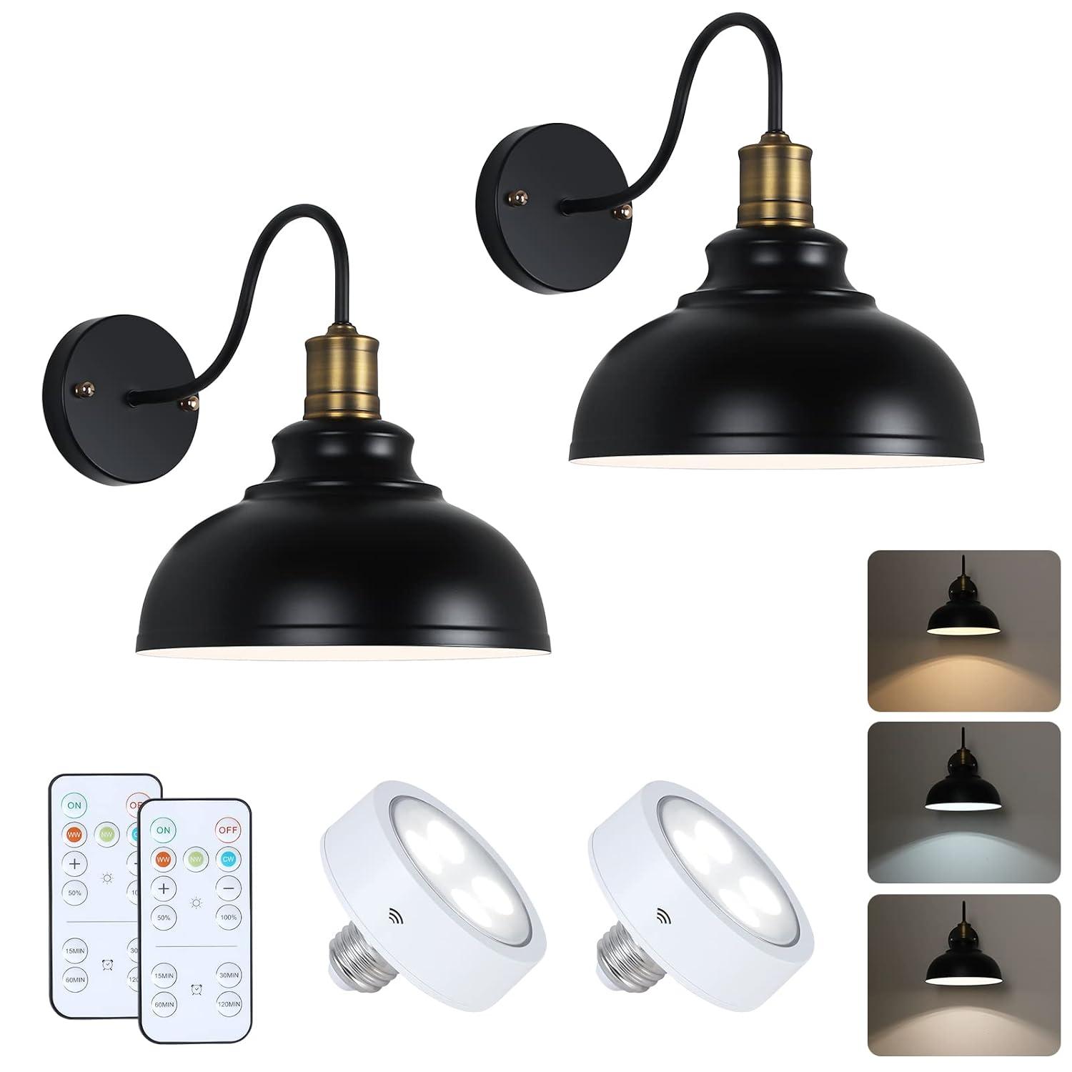 Vintage Black Wireless Battery Operated Wall Sconces Set of 2, Cordless LED Wall Lights Set with Remote Control, for Bedroom, Farmhouse, Gallery - Easy Setup, 3 Color Dimmable, Adjustable Brightness