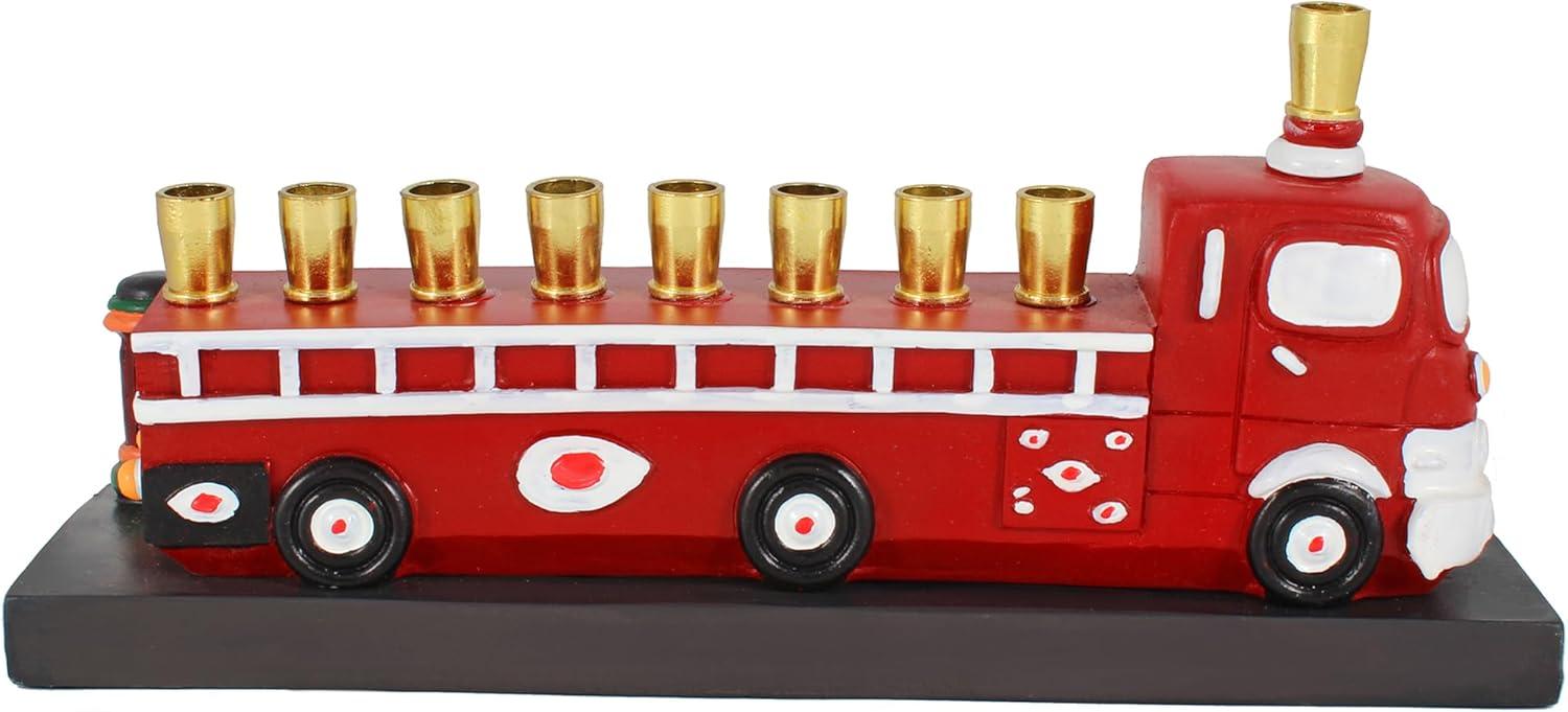 Fiery Red Ceramic Fire Truck Hanukkah Menorah