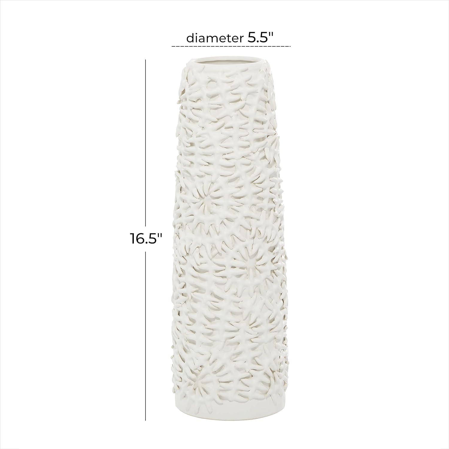 DecMode 17" Leaf Embossed White Ceramic Vase