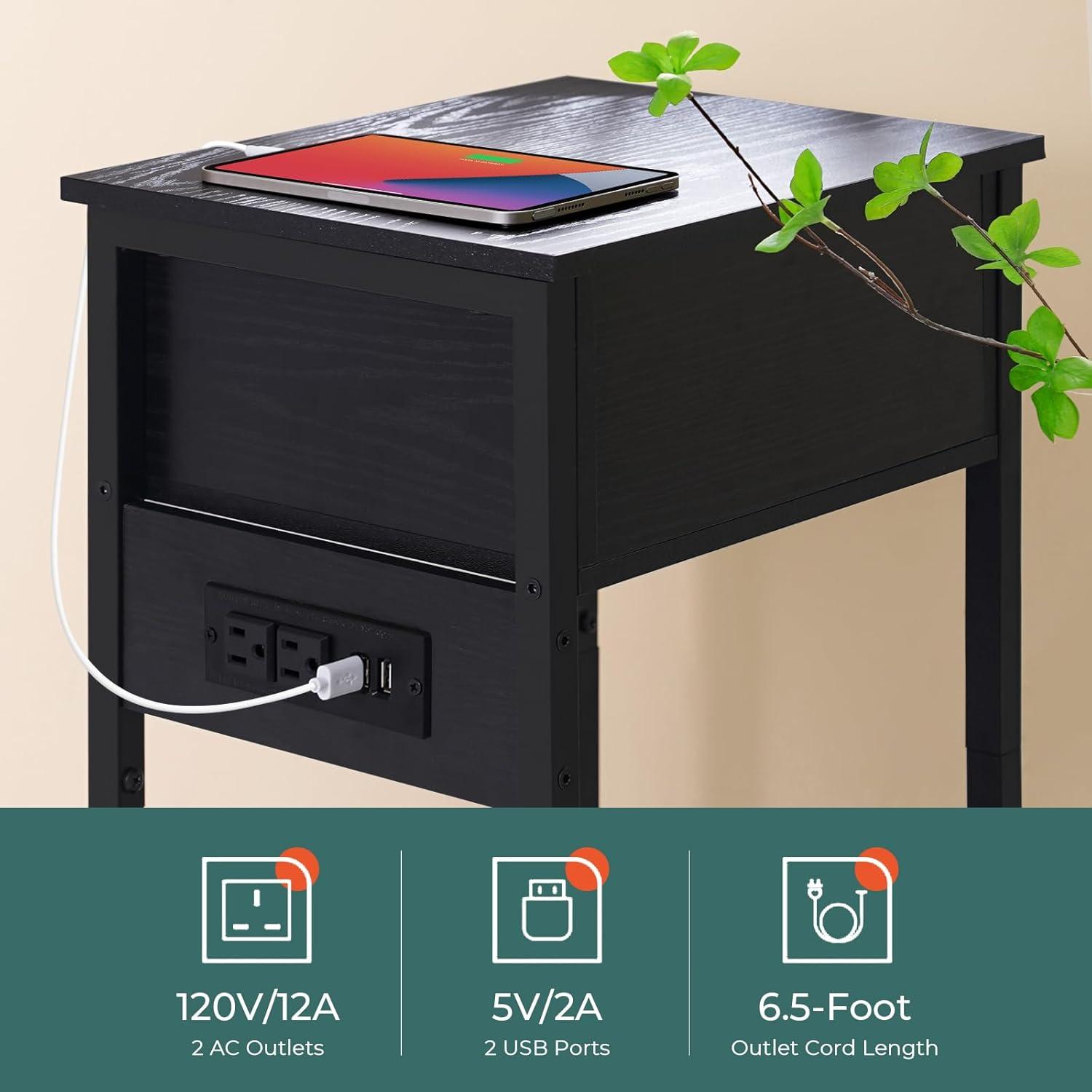 Nightstand End Table with Charging Station, USB Ports, Drawer and Storage Shelf, Black