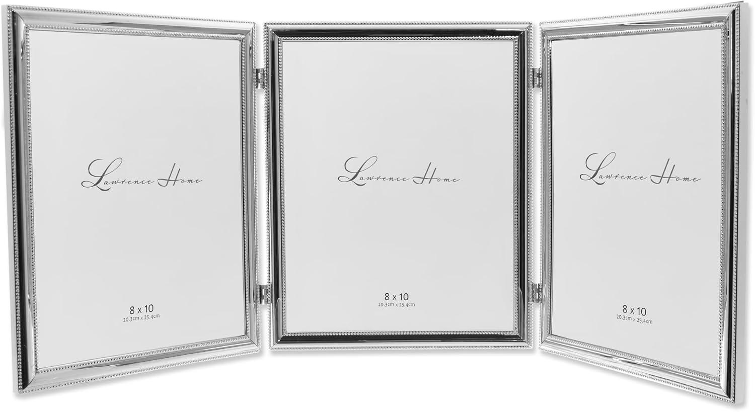 Lawrence Frames Silver Plated Double Bead 8x10 Hinged Triple Picture Frame