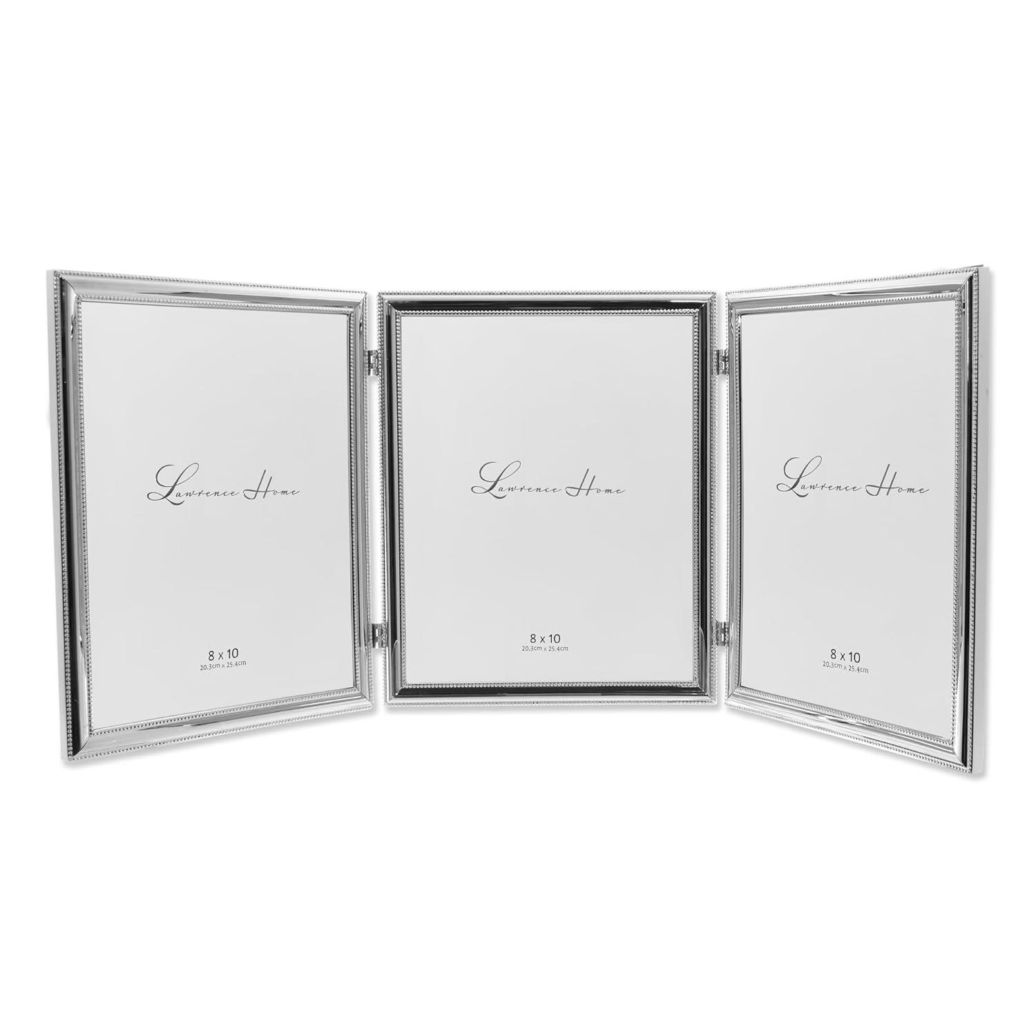 Lawrence Frames Silver Plated Double Bead 8x10 Hinged Triple Picture Frame