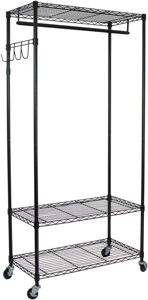 Black Steel Portable Garment Rack with Adjustable Shelves