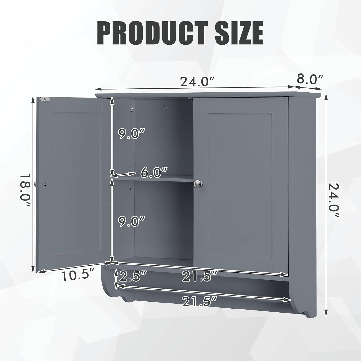 LOKO Wall Mounted Bathroom Cabinet with Towel Bar, Hanging Over The Toilet Storage Cabinet w/Adjustable Shelf, Medicine Cabinet Space-Saving Storage Organizer for Bathroom or Kitchen (Grey)