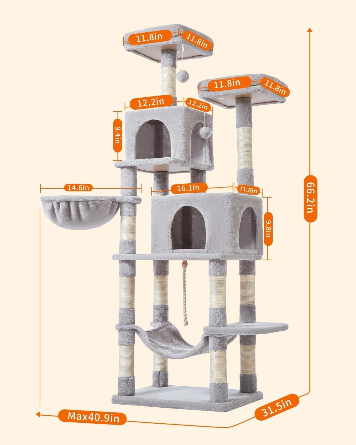 56.3'' Cat Tree Tower for Indoor Cats ,Multi-Level Cat Condo Cat Furniture with Scratching Posts, Perches, Hammock, Cave ,Light Gray