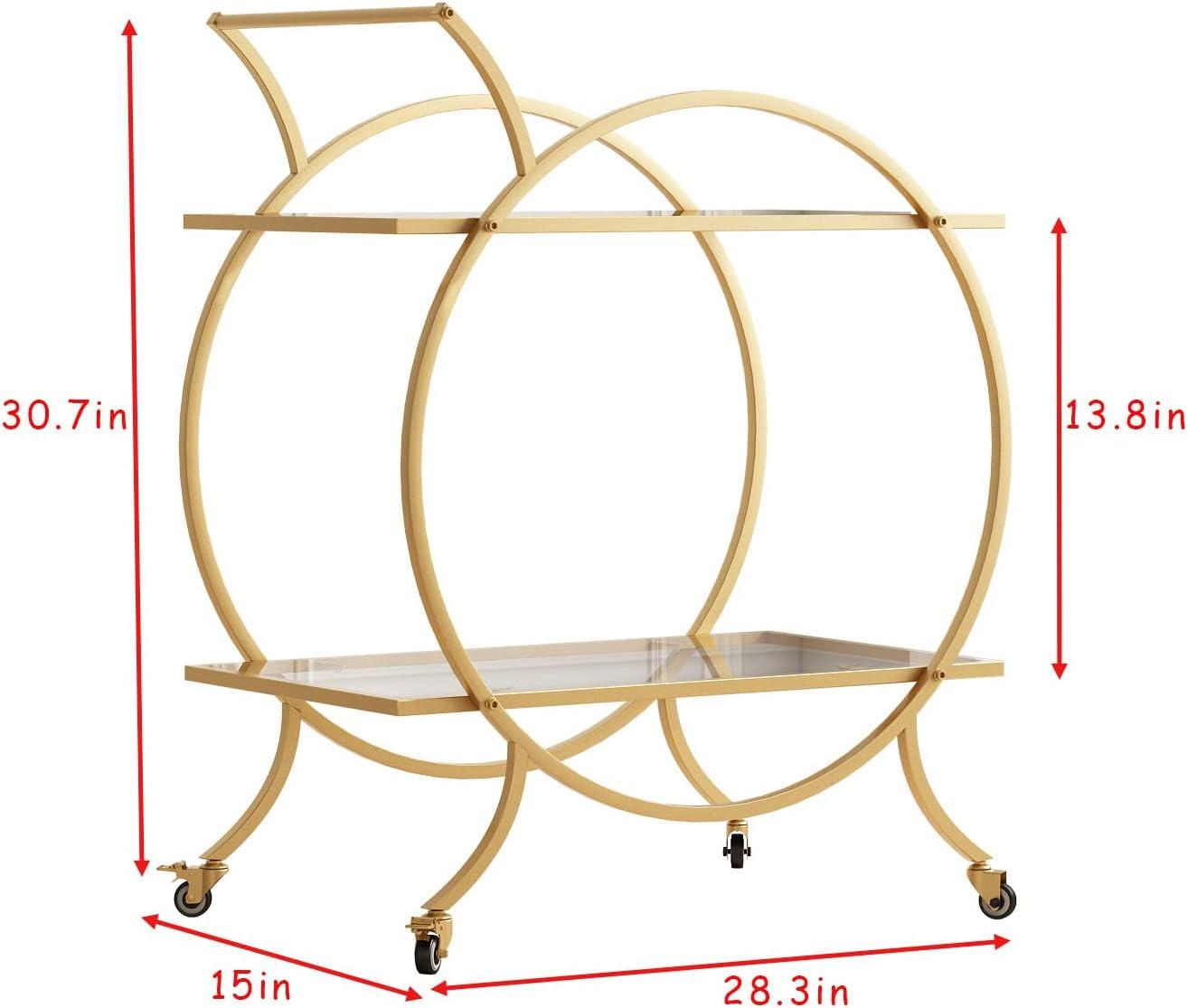 Gold Round Metal and Glass 2-Tier Bar Cart