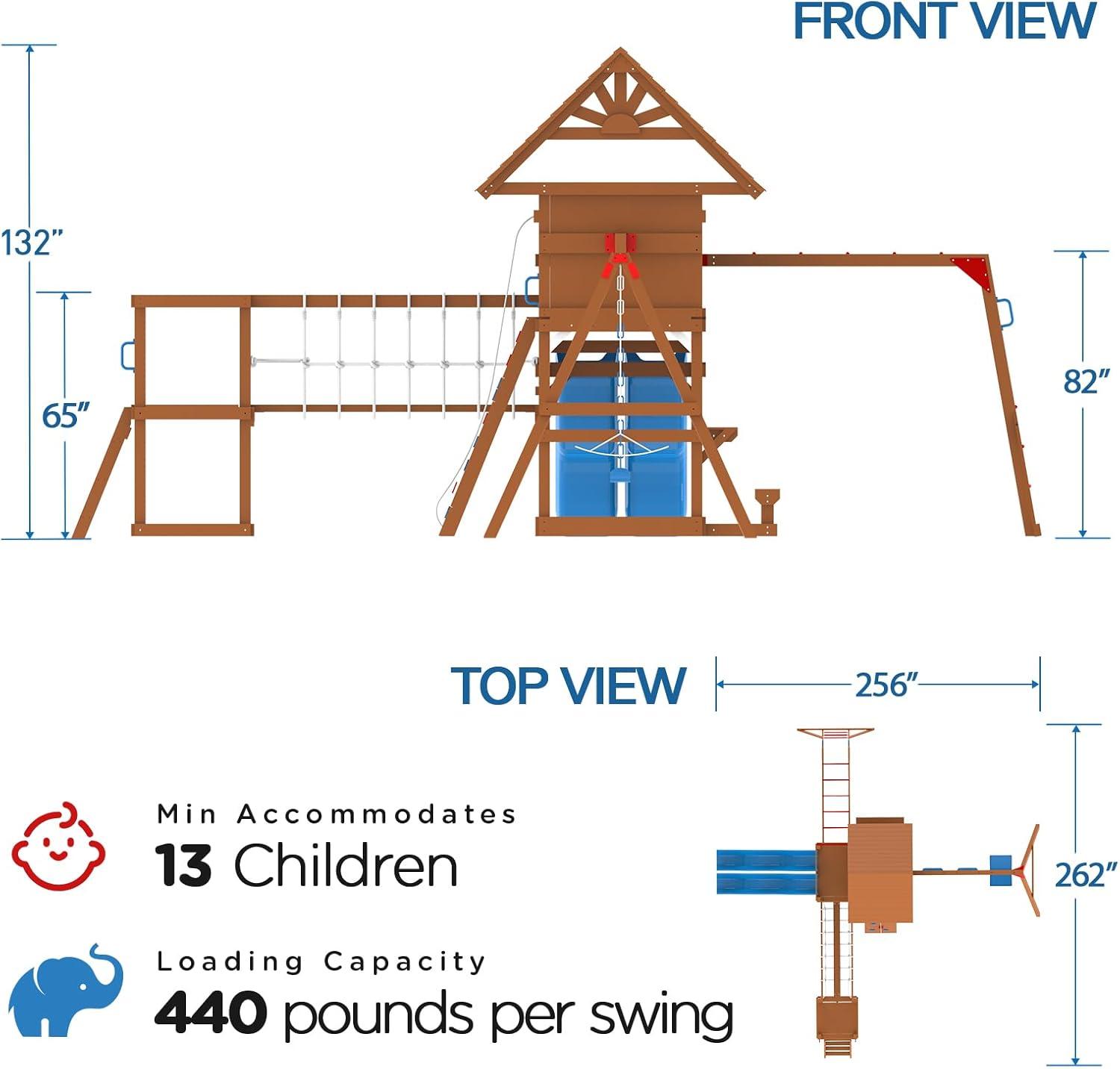Dolphin Playground Dolphin Playground Luxury Cedar Playground Set: Double Wave Slide, 2-in-1 Table, Monkey Bars, Balance Beam, 3 Swings, Large Rock Wall, Wood Roof