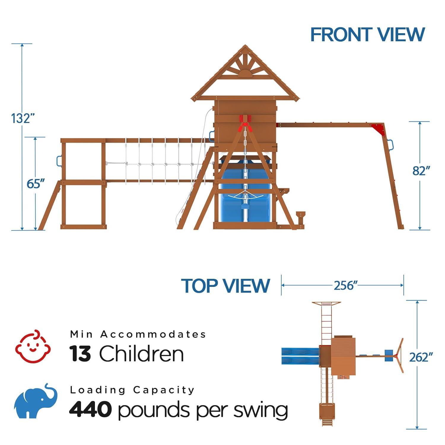 Dolphin Playground Dolphin Playground Luxury Cedar Playground Set: Double Wave Slide, 2-in-1 Table, Monkey Bars, Balance Beam, 3 Swings, Large Rock Wall, Wood Roof