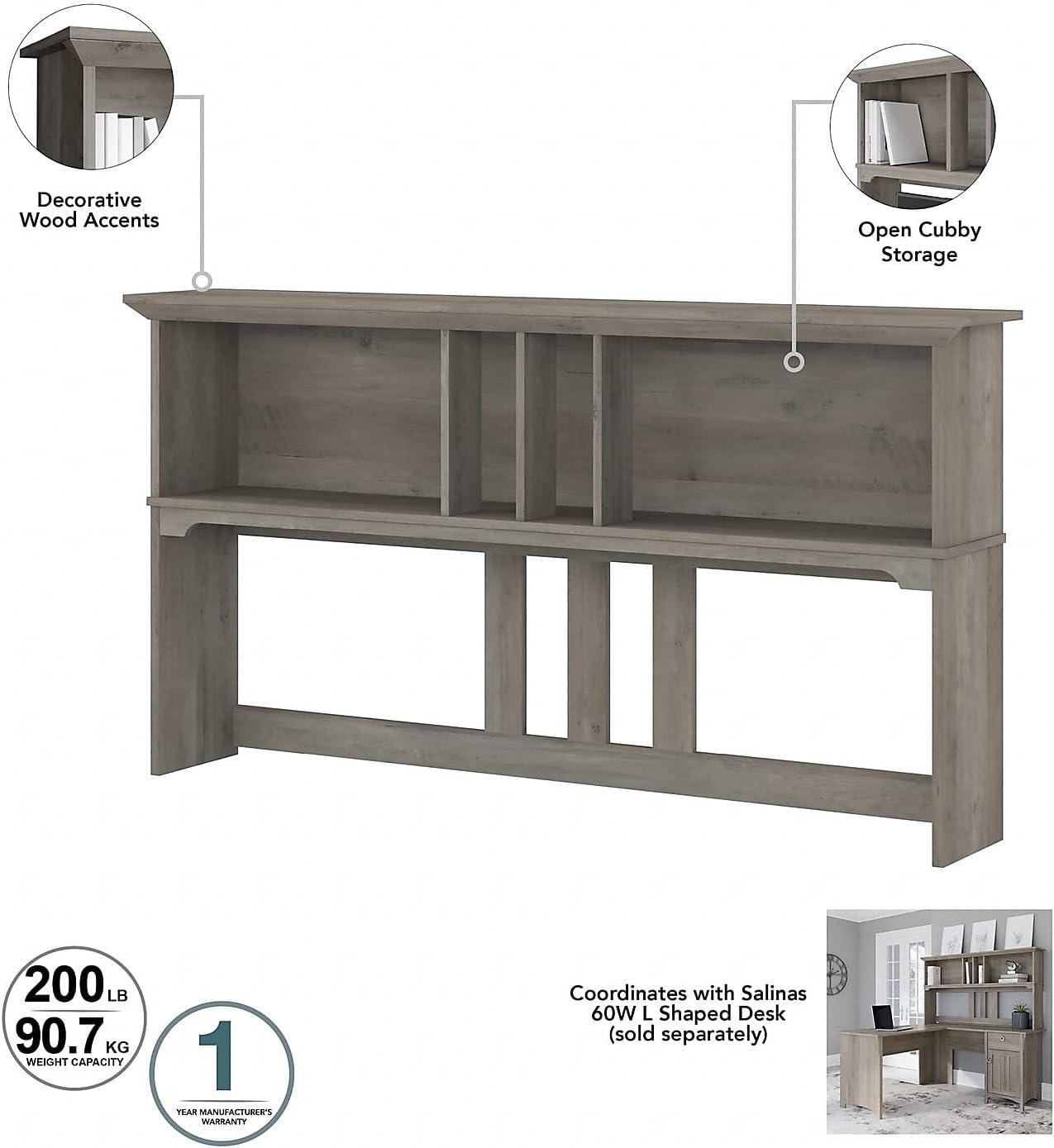 Bush Furniture Salinas 60" L Desk and Hutch with Storage, Driftwood Gray