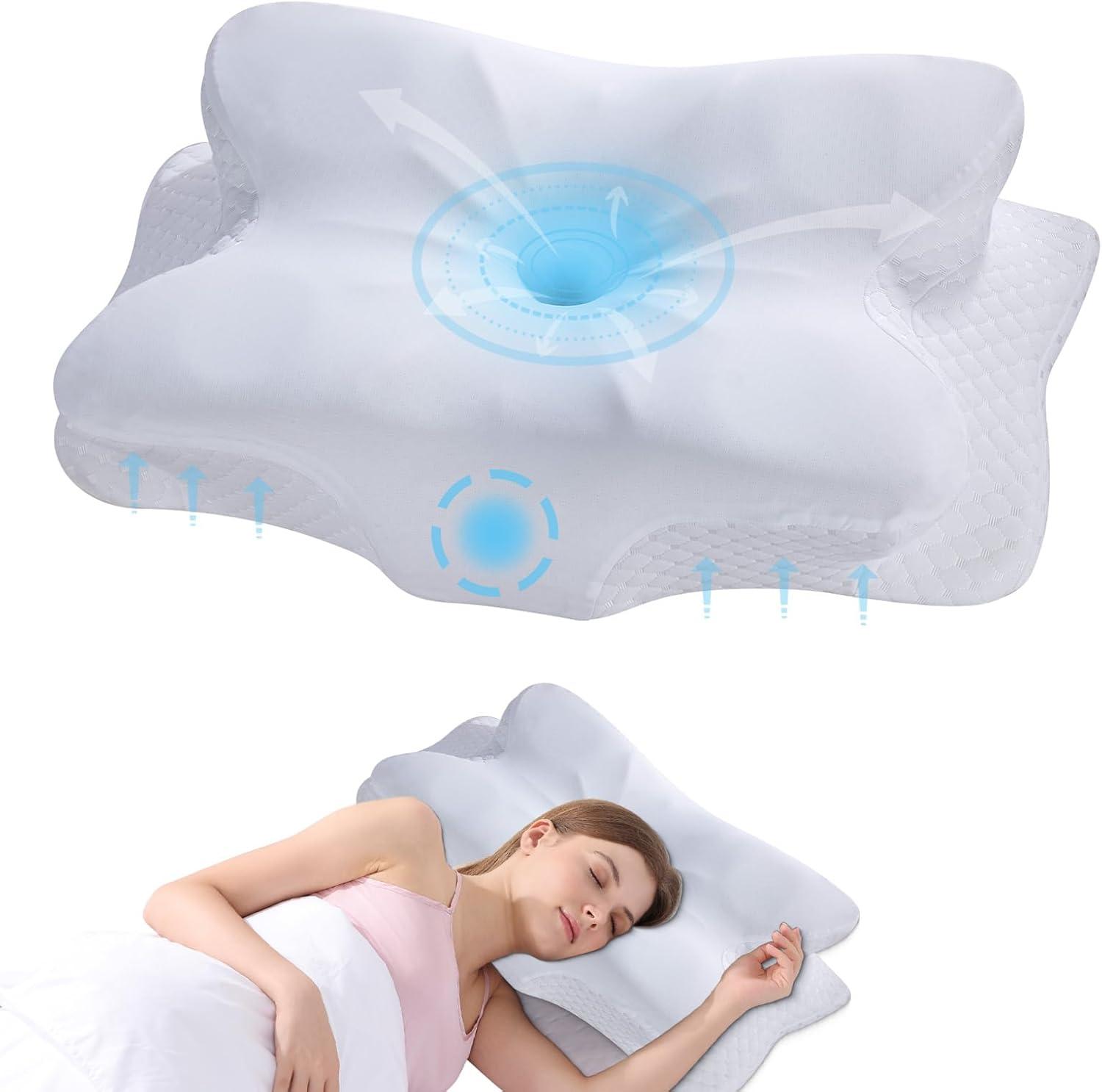 Ergonomic White Memory Foam Cervical Neck Pillow with Cooling Pillowcase