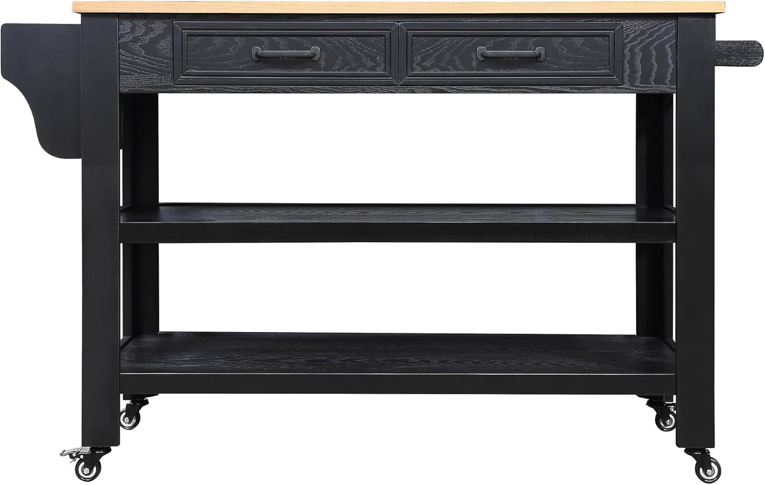 57 Inch Solid Wood Kitchen Island Cart,Solid Oak Wood Top Rolling Kitchen Cart with 2 Drawers,2 Storage Shelves,Wine and Spice Rack,Black