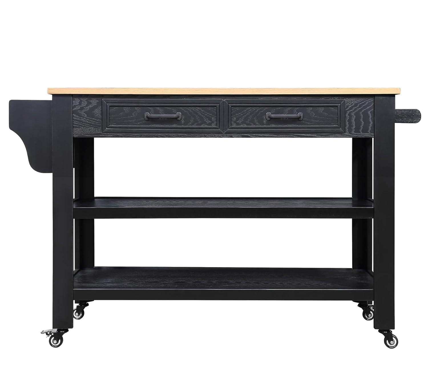 57 Inch Solid Wood Kitchen Island Cart,Solid Oak Wood Top Rolling Kitchen Cart with 2 Drawers,2 Storage Shelves,Wine and Spice Rack,Black