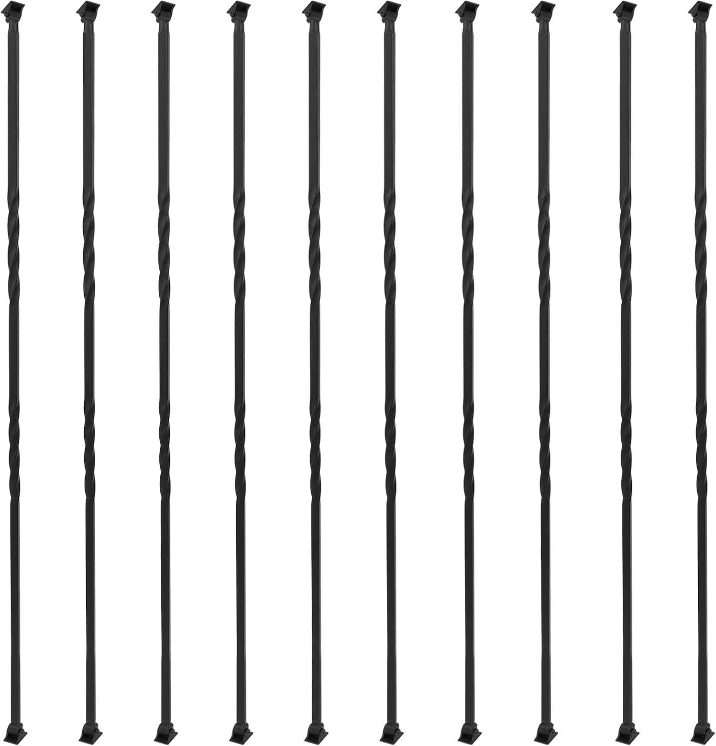 Staircase Metal Balusters, 44'' x 1/2" Galvanized Steel Decorative Banister Spindles, 10 Pack Deck Baluster with Hollow Twists, Satin Black Spiral Stair Railing with Shoes & Screws