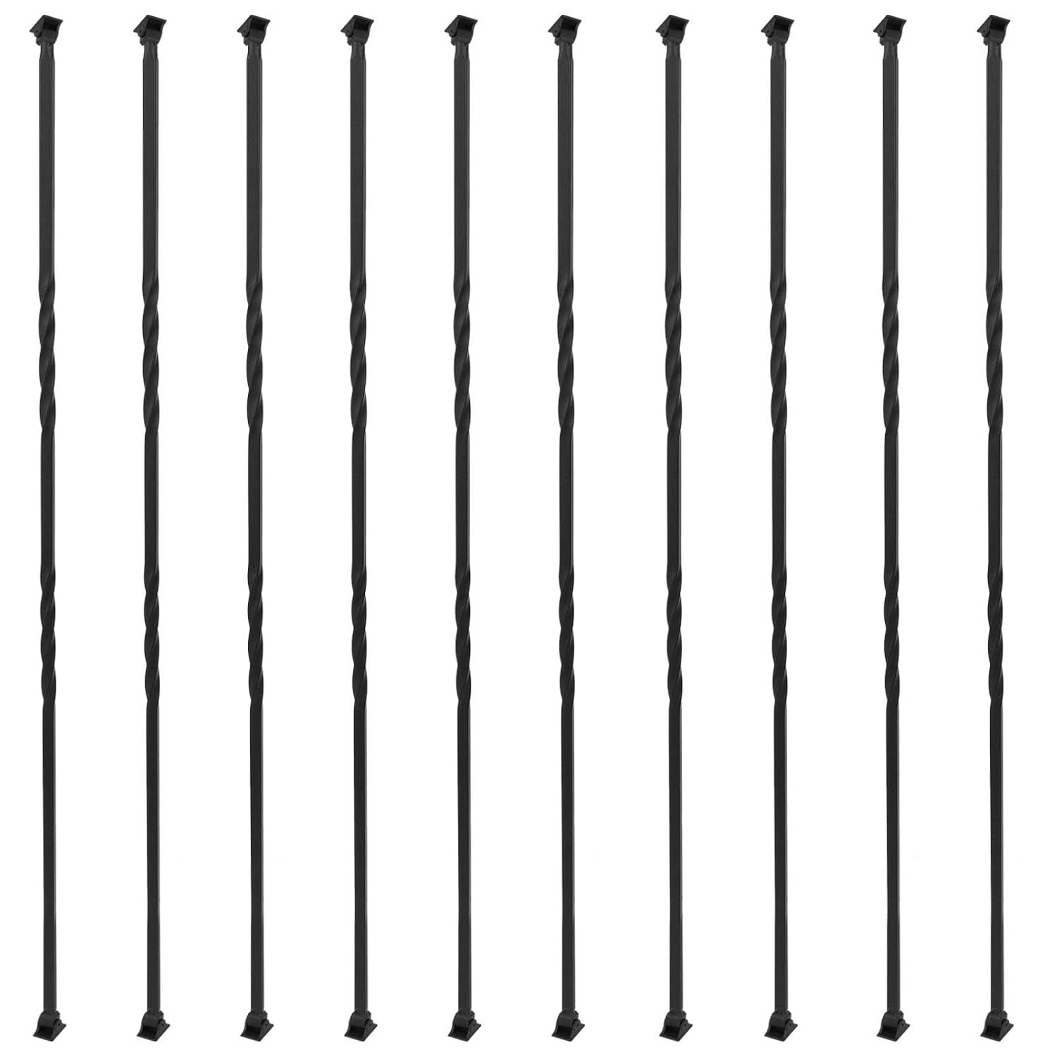 Staircase Metal Balusters, 44'' x 1/2" Galvanized Steel Decorative Banister Spindles, 10 Pack Deck Baluster with Hollow Twists, Satin Black Spiral Stair Railing with Shoes & Screws