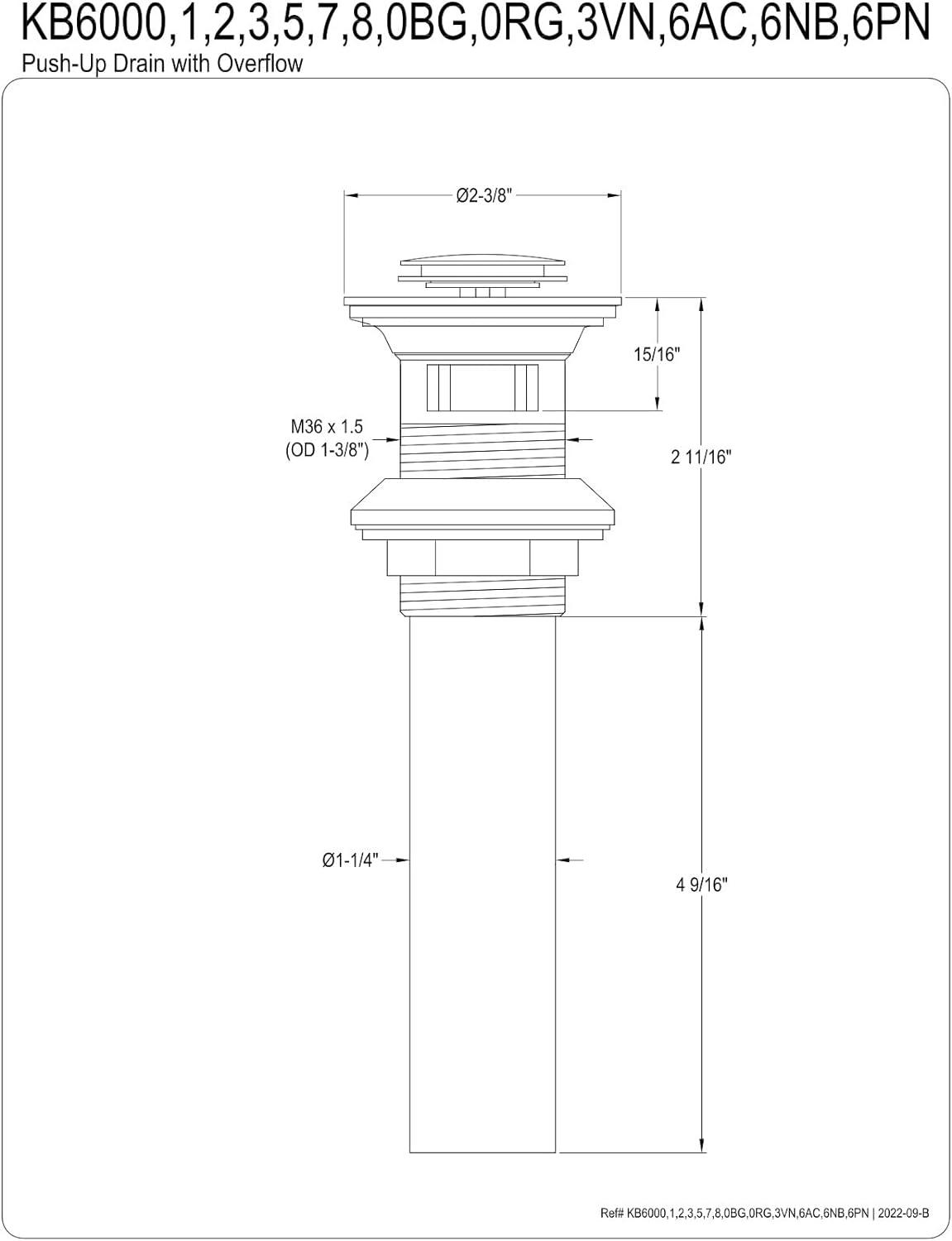 Kingston Brass Complement Brass Push Pop-Up Bathroom Sink Drain with Overflow