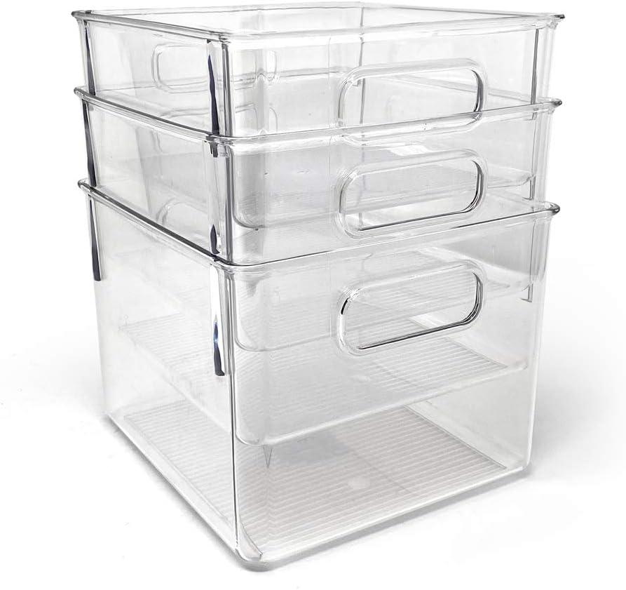 Isaac Jacobs 3-Pack Medium Clear Plastic Organizer Bins w/Handles, Food Safe, BPA Free