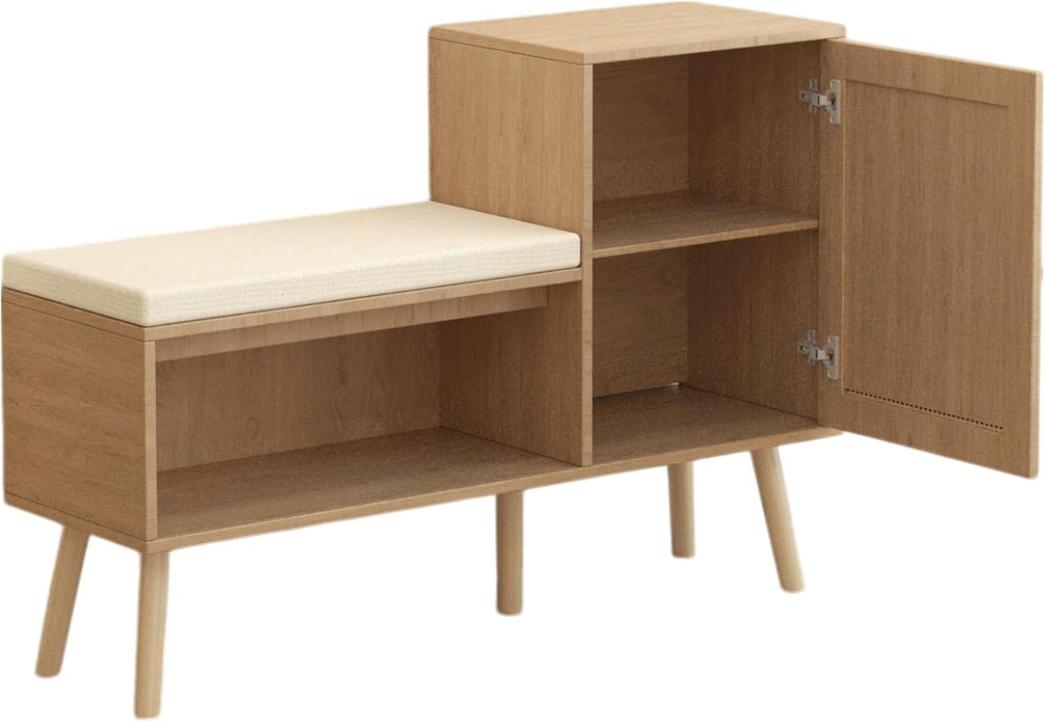 Natural Rattan Wood Shoe Storage Bench with Removable Cushion