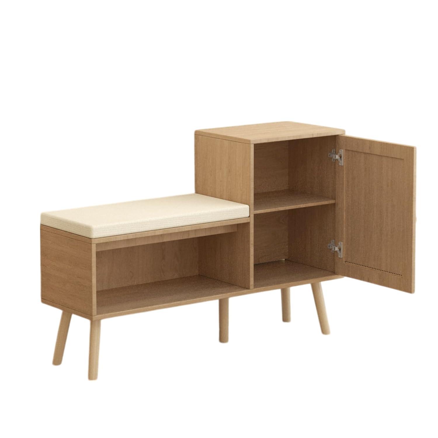 Natural Rattan Wood Shoe Storage Bench with Removable Cushion
