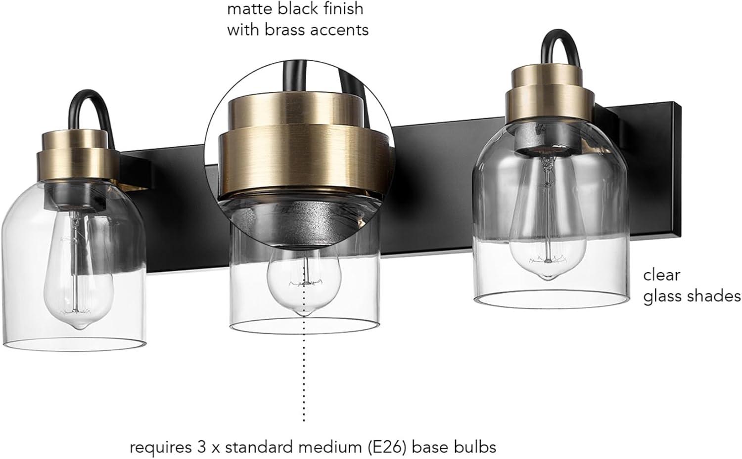 22 in. 3-Light Matte Black Vanity Light with Matte Brass Accents and Glass Shades