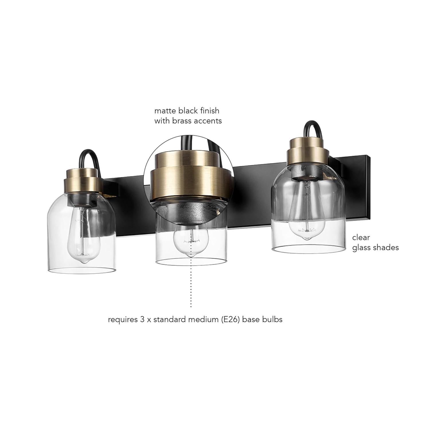 22 in. 3-Light Matte Black Vanity Light with Matte Brass Accents and Glass Shades
