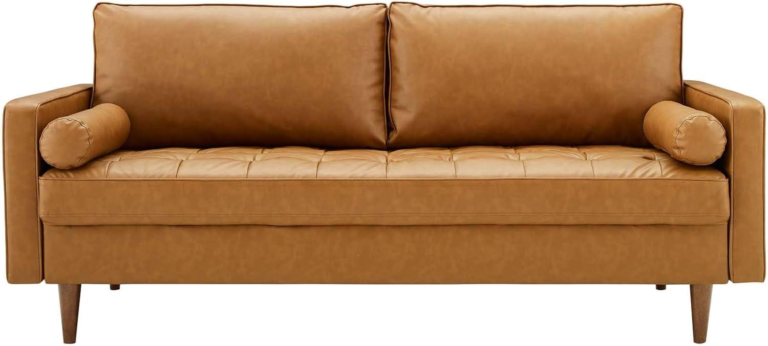 Brown Tufted Faux Leather Sofa with Walnut Wood Legs