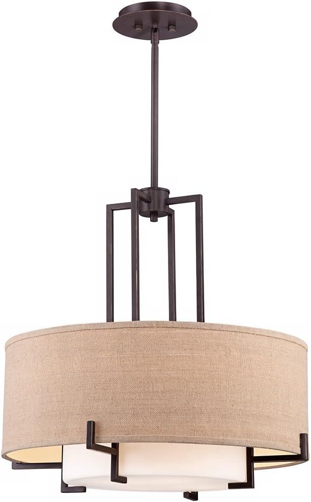 Possini Euro Design Concentric Bronze Pendant Chandelier 25" Wide Farmhouse Rustic Burlap Drum Shade 4-Light Fixture for Dining Room Kitchen Island