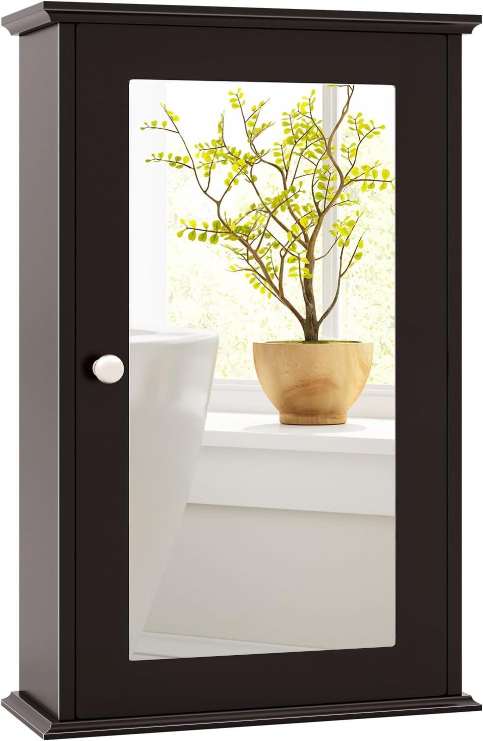 Costway Bathroom Wall Cabinet Single Mirror Door Cupboard Storage Wood Shelf Brown