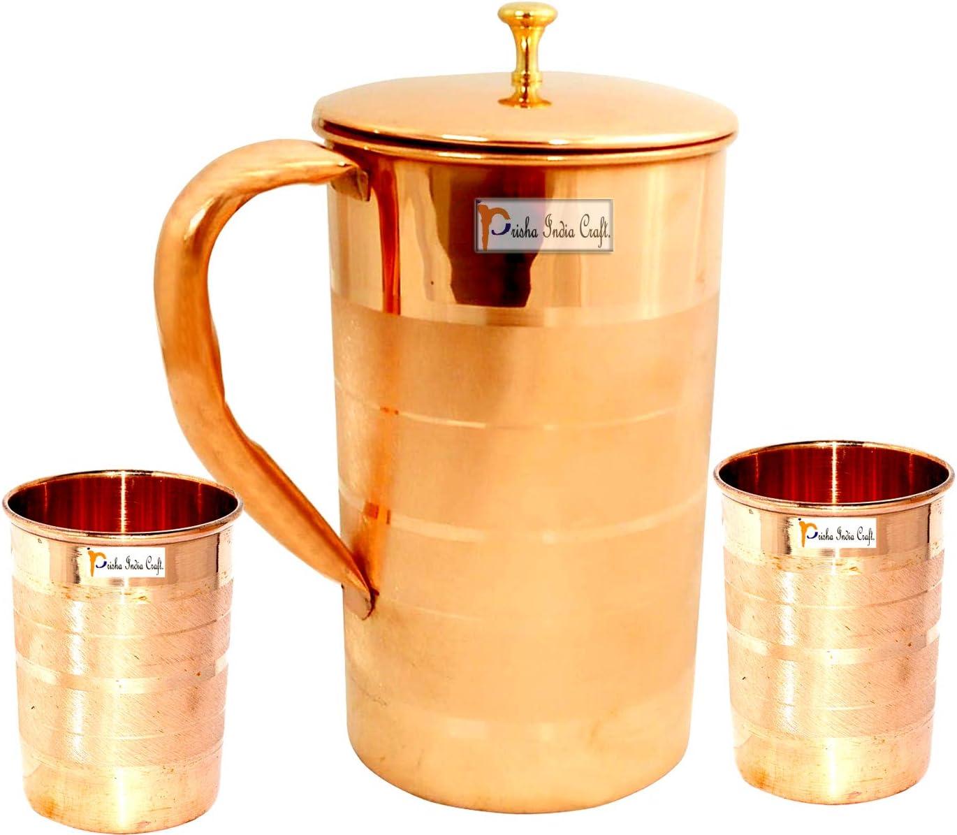 Handmade Copper Pitcher with Lid and 2 Tumblers Set