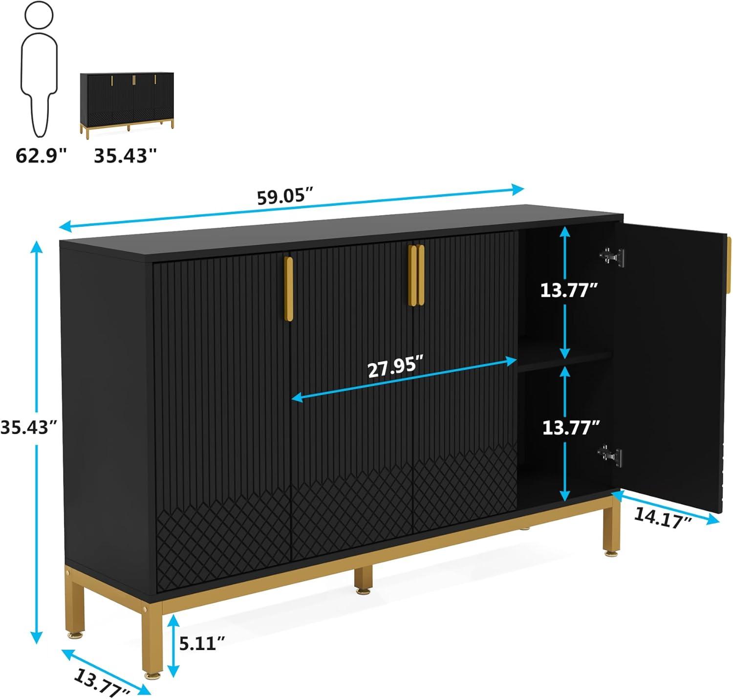 Finmind 59" Buffet Cabinet, 4-Door Storage Sideboard, Black & Gold Coffee Bar Cabinet for Dining Room or Living Room