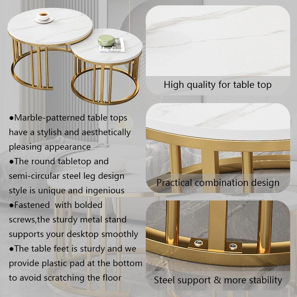 Round Nesting Coffee Table, Set of 2 Modern Coffee Table with Faux Marble Top, Gold Metal Frame White Nesting Table for Living Room, Apartment, Office (White + Gold)