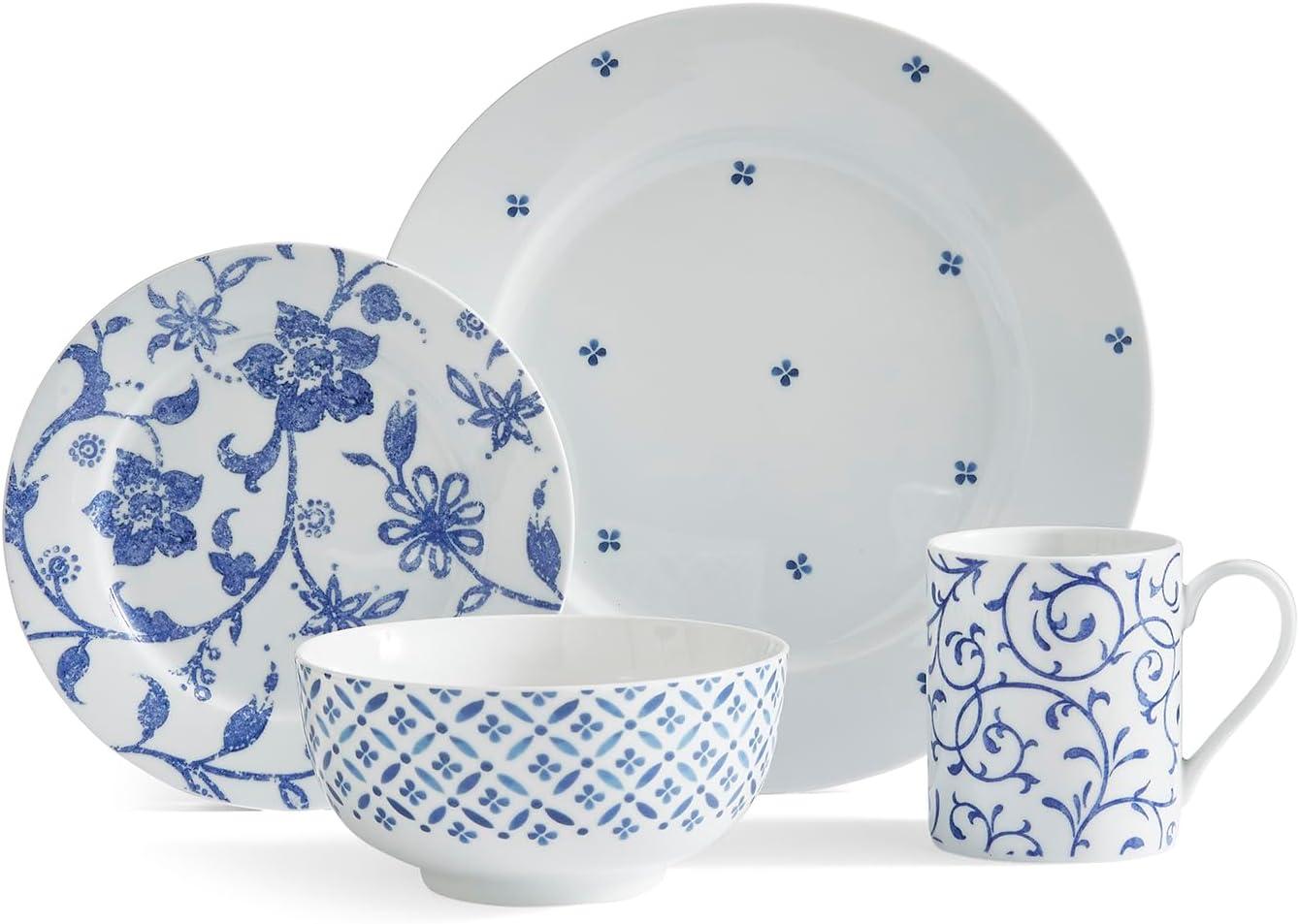 Blue Indigo Floral Porcelain 16-Piece Dinnerware Set, Service for 4